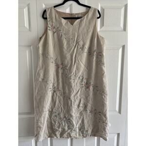 Endless Summer Collection Women's VM Linen Tan Dress Floral‎ Embroidery 1X